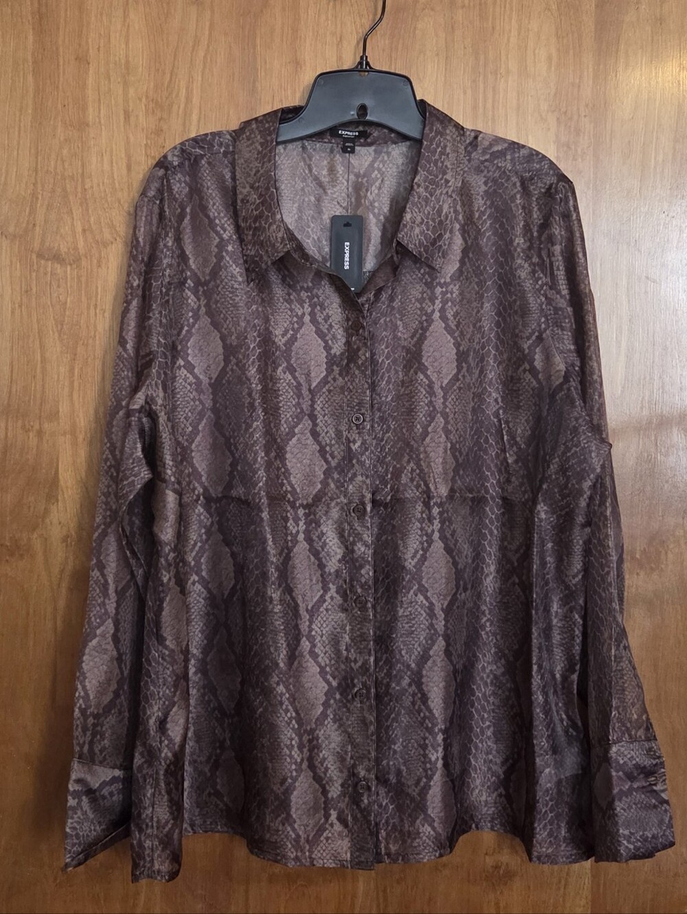 Express Women's Brown Snake-Print Lightweight Sheer Button Down Shirt